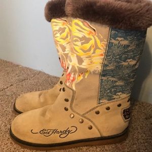 Tiger Print Ed Hardy Suede Leather Boots